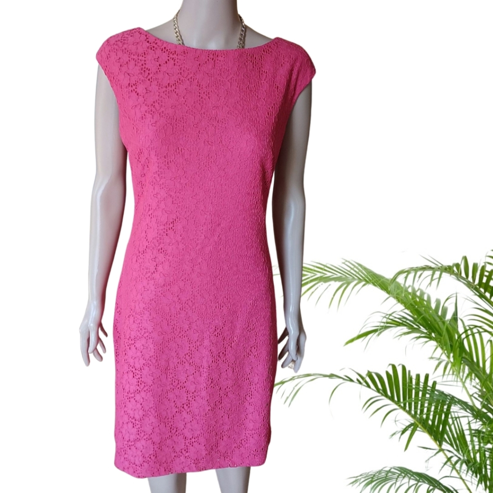 CHAPS Floral Lace Coral Sheath Dress Size 10